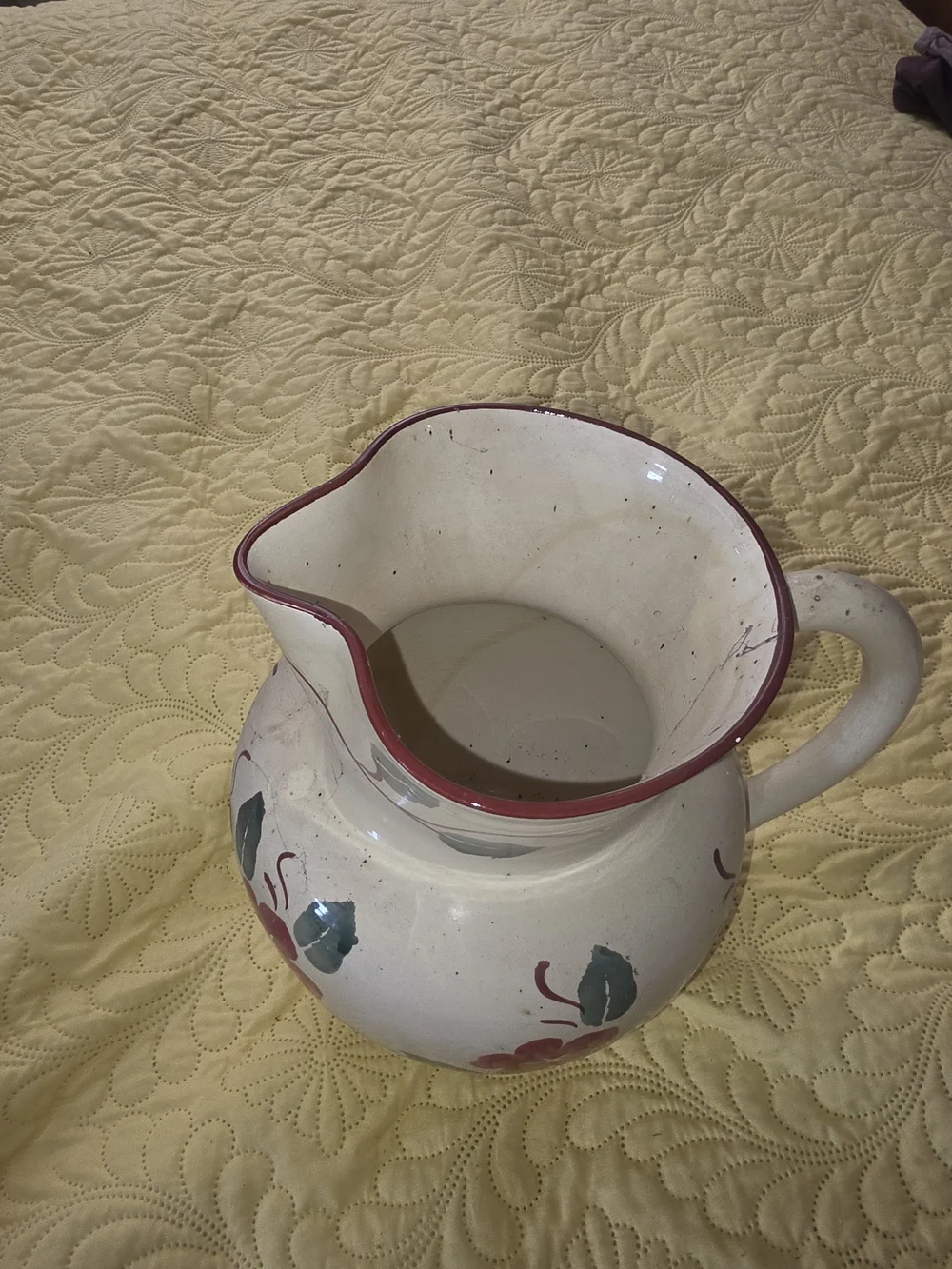 Cream Ceramic Pitcher with Red Floral Design